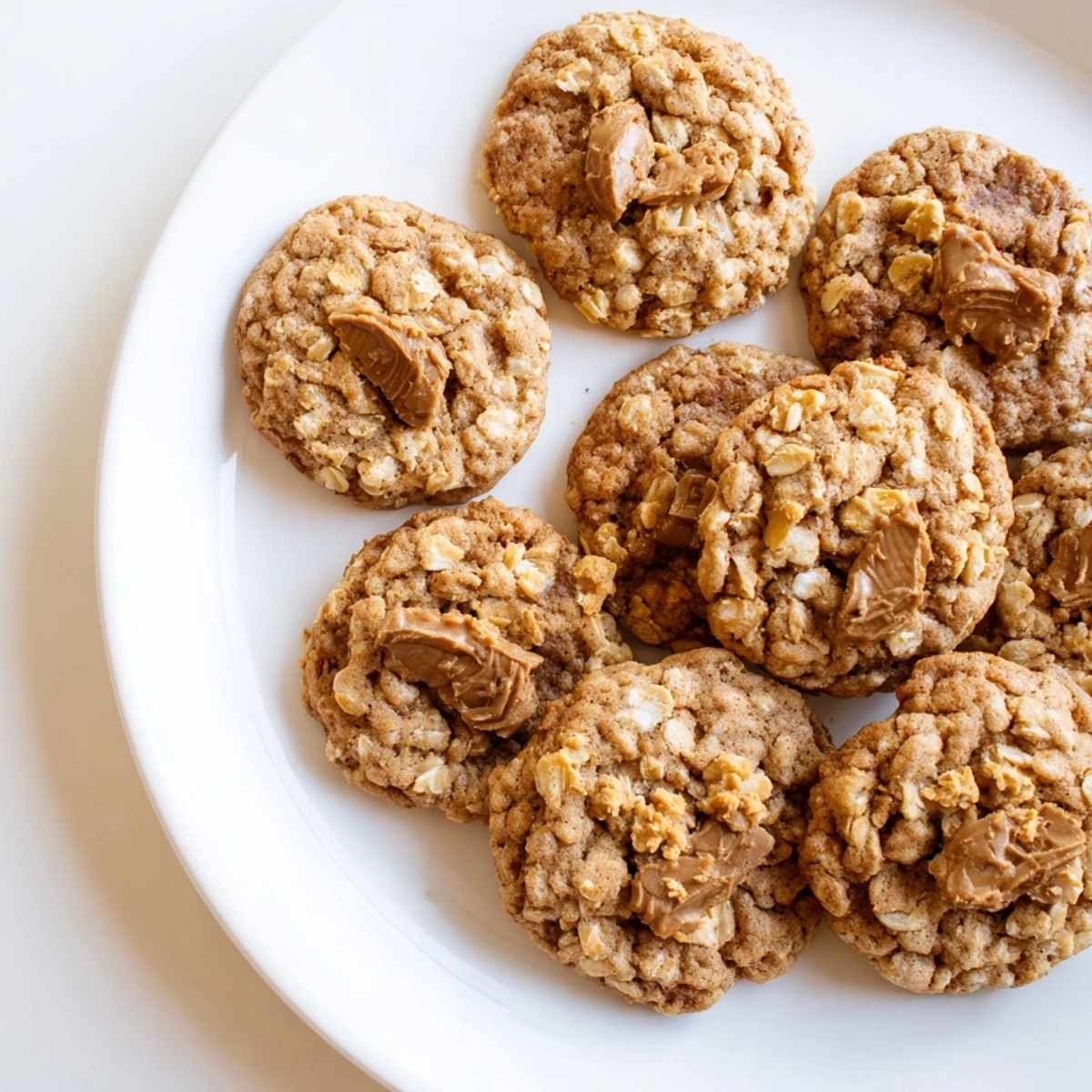 Chewy Biscoff oatmeal cookies topped with crushed Lotus biscuits resting on a wire cooling rack