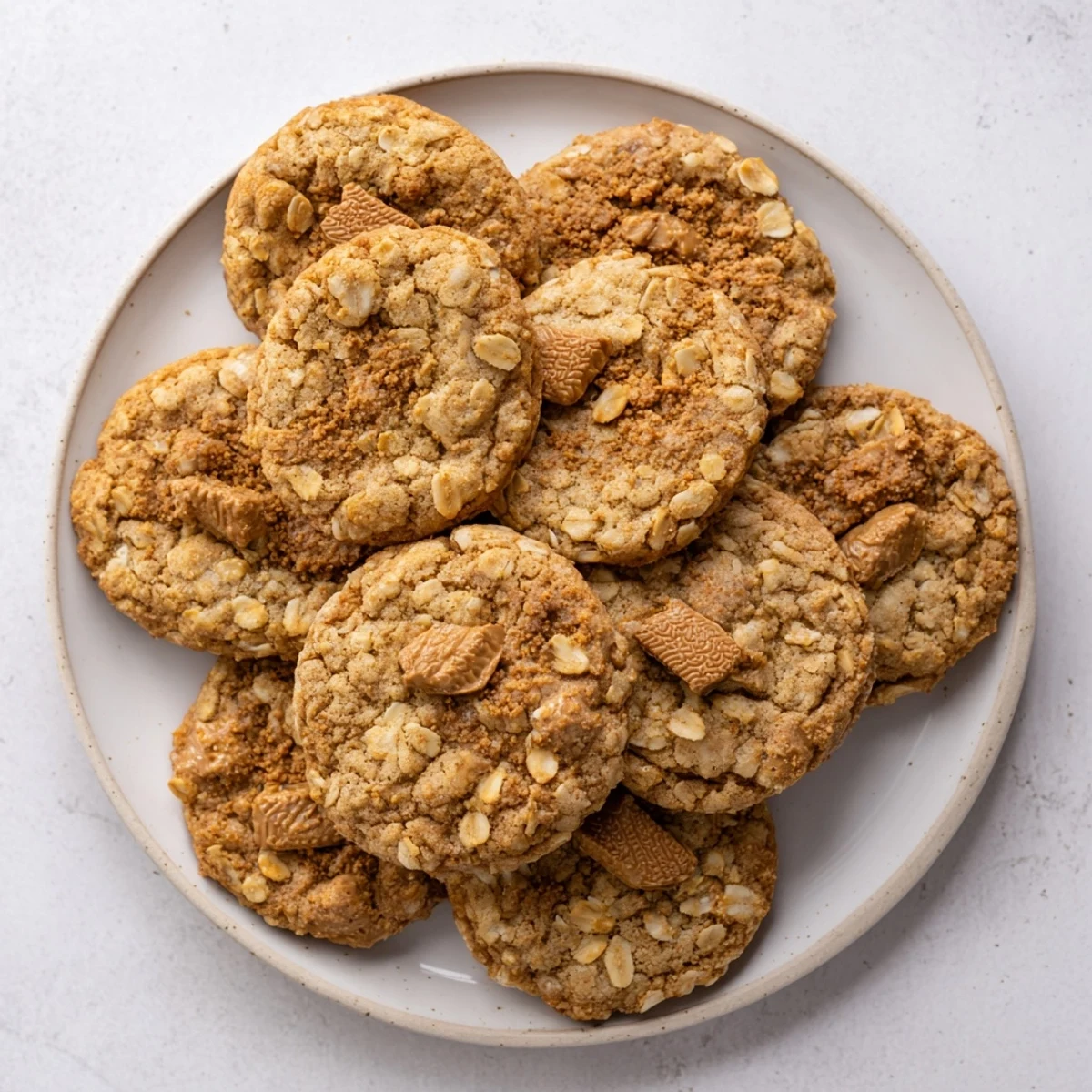 Freshly baked spiced Biscoff oatmeal Lotus cookies with crisp edges and soft centers arranged on a wooden board