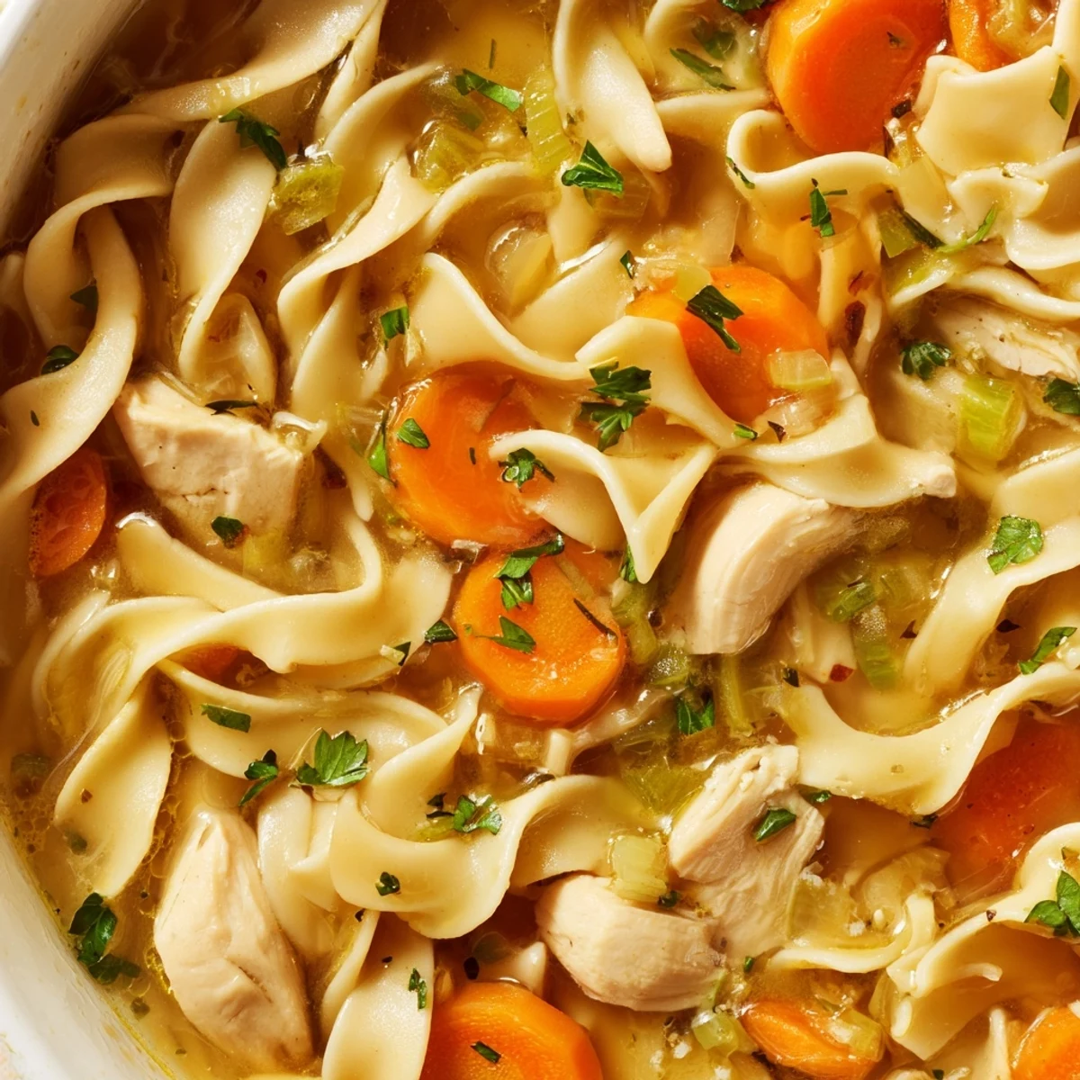 Golden one pot chicken and noodles simmered with tender vegetables in savory broth