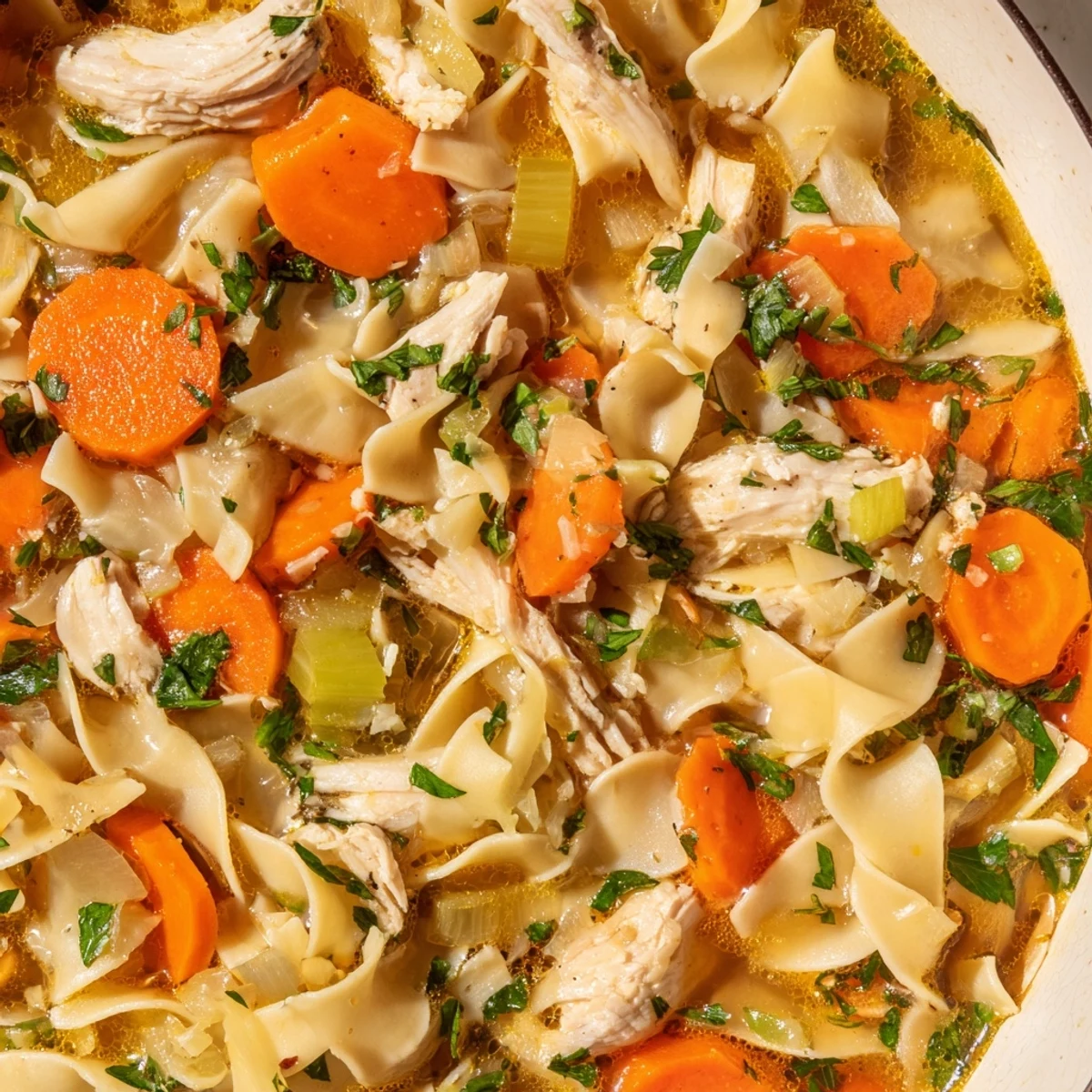 Hearty one pot chicken and noodles featuring egg noodles and bite-sized chicken pieces