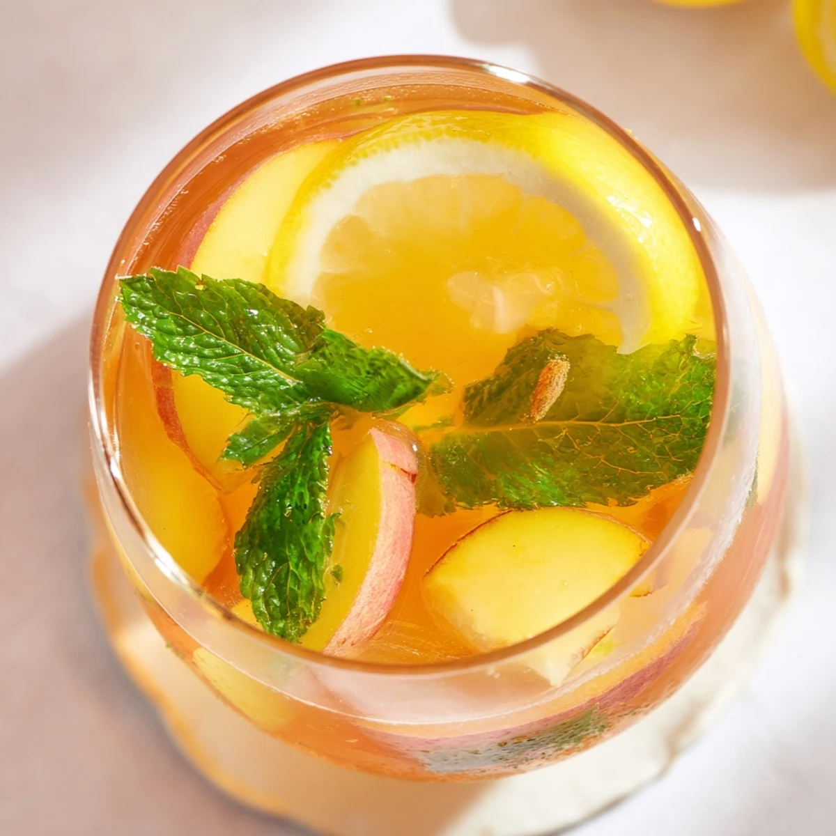 Fresh peach lemonade drink with floating peach slices and ice in clear glass pitcher