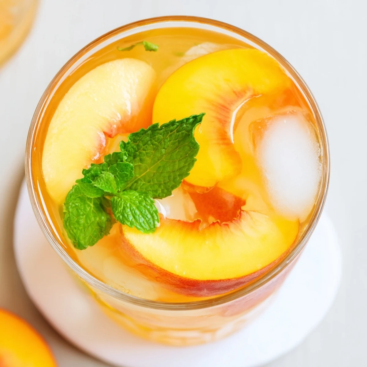 Golden peach lemonade drink served over ice with peach wedge and lemon wheel
