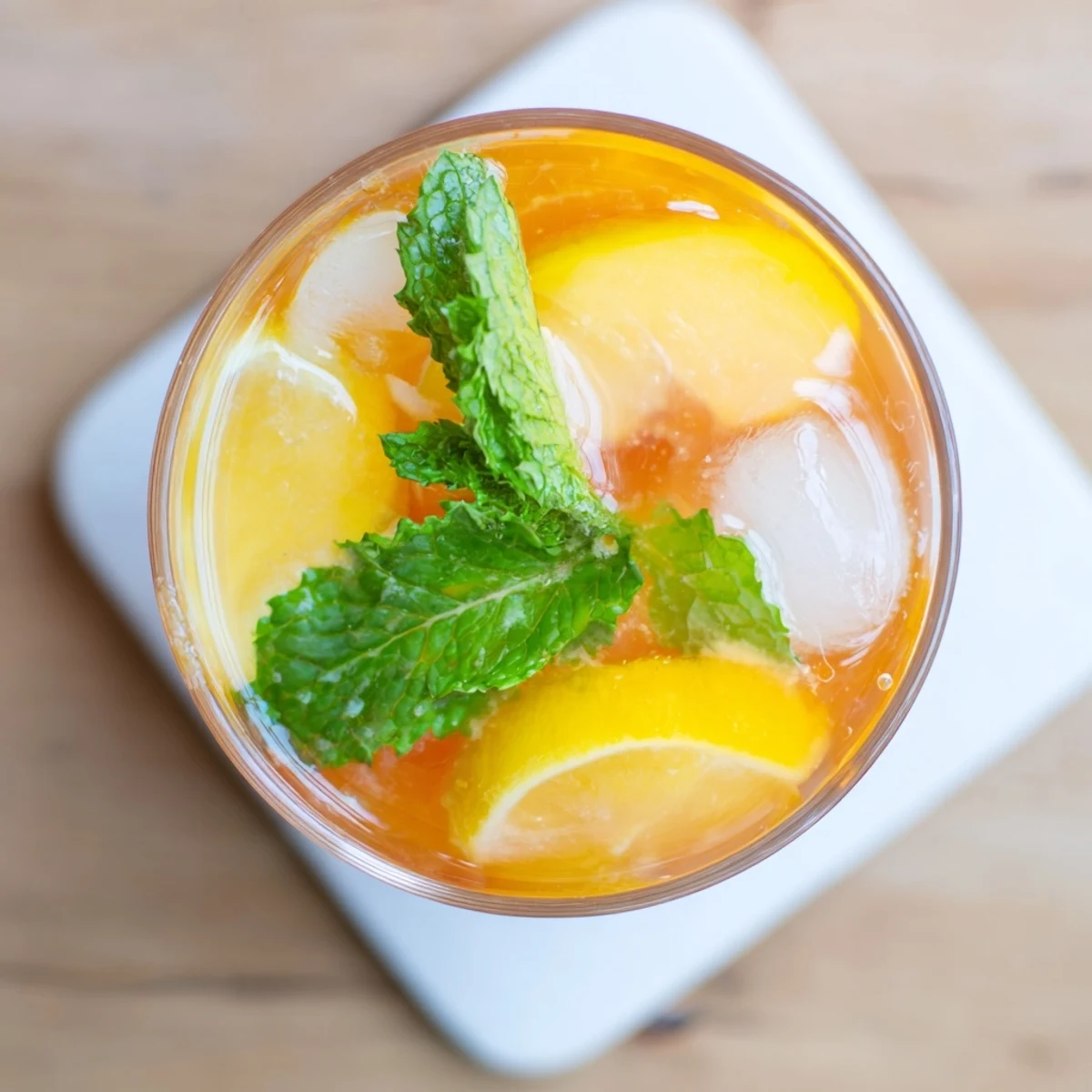 Refreshing peach lemonade garnished with fresh mint and lemon wheels on wooden table