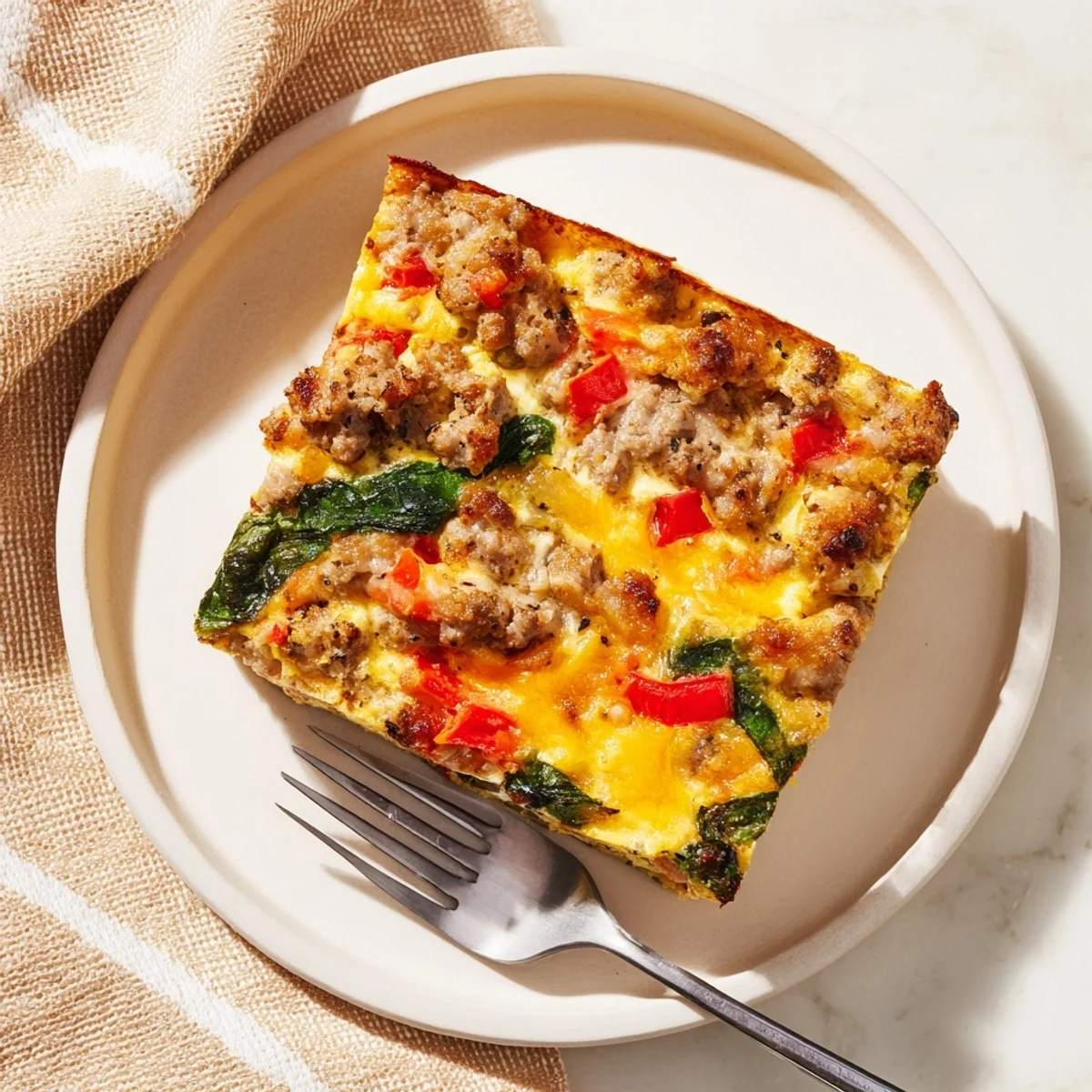 Warm slices of High Protein Egg Casserole with melted cheddar and steam rising