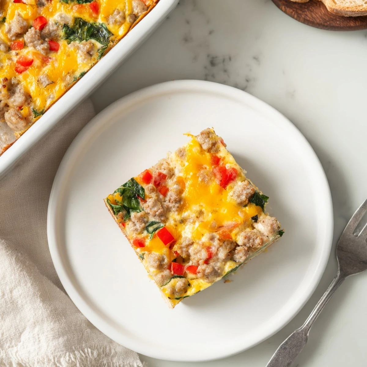 Baked breakfast High Protein Egg Casserole in dish, golden edges and veggies