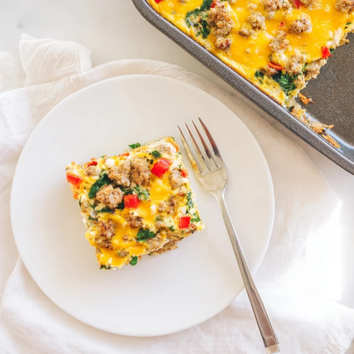 Sliced, hearty breakfast casserole: High Protein Egg Casserole topped with turkey sausage