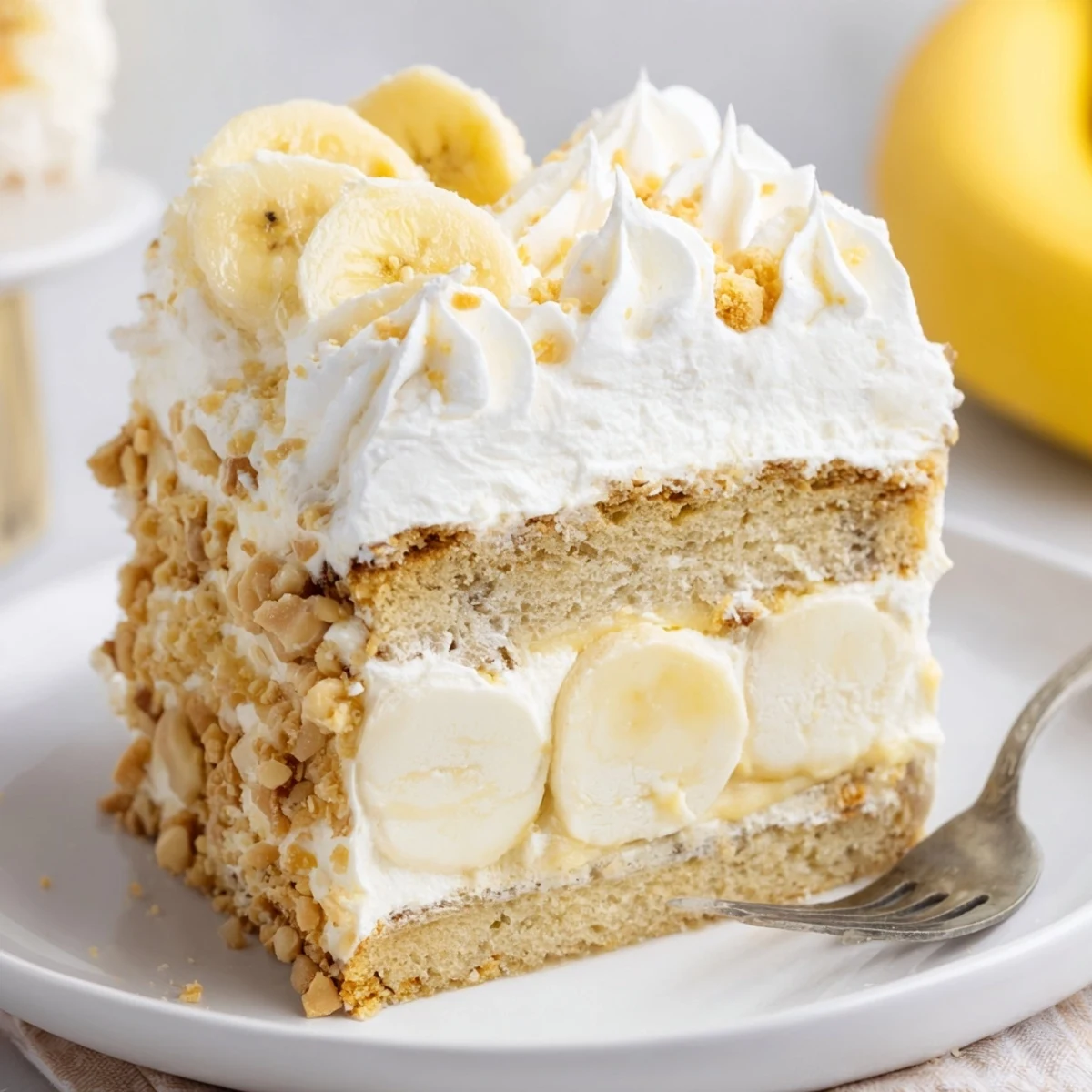 Chilled slice of Banana Pudding Cake Recipe topped with whipped cream.