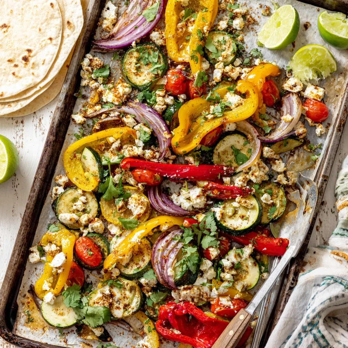 Oven-roasted Tajin Feta Sheet Pan Fajitas steaming, zesty lime wedges and cilantro  