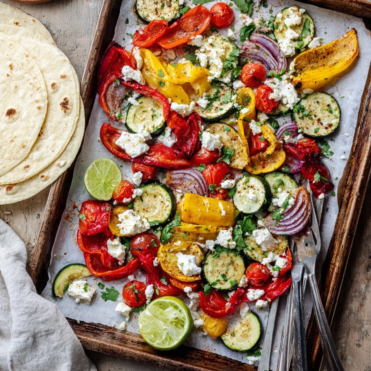 Tajin Feta Sheet Pan Fajitas piled on warm tortillas, tangy roasted vegetables  