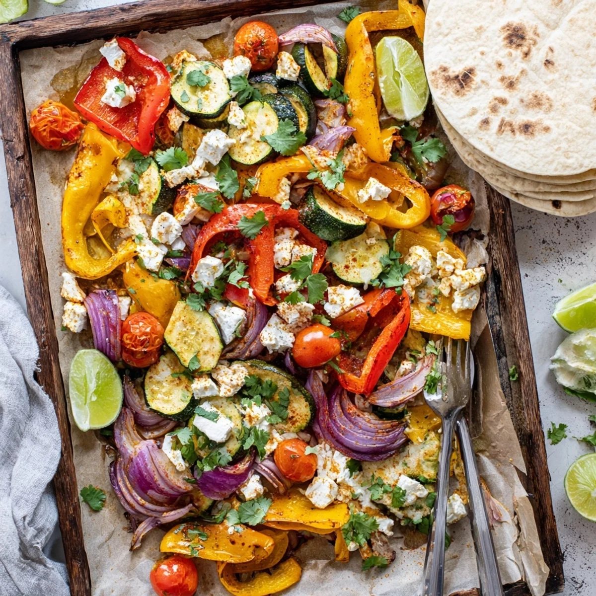 Colorful Tajin Feta Sheet Pan Fajitas in parchment, cherry tomatoes bursting with juice