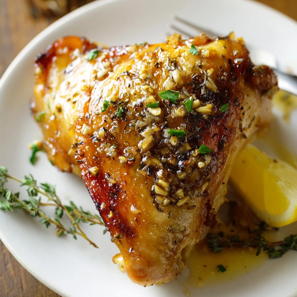 Lemon Pepper Chicken Thighs roasted golden, crispy skin, bright lemon wedges  