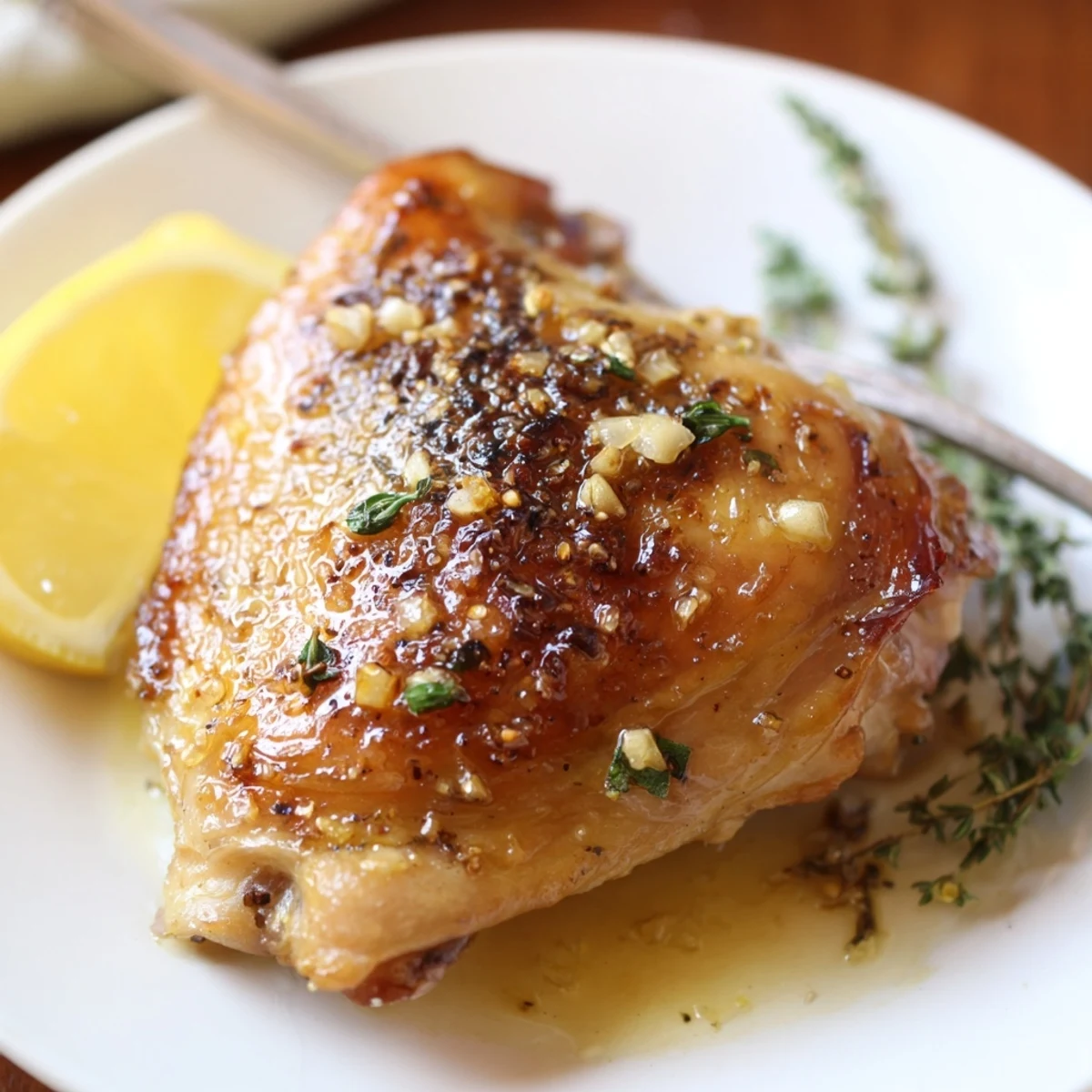 Family style Lemon Pepper Chicken Thighs plated with roasted potatoes and parsley