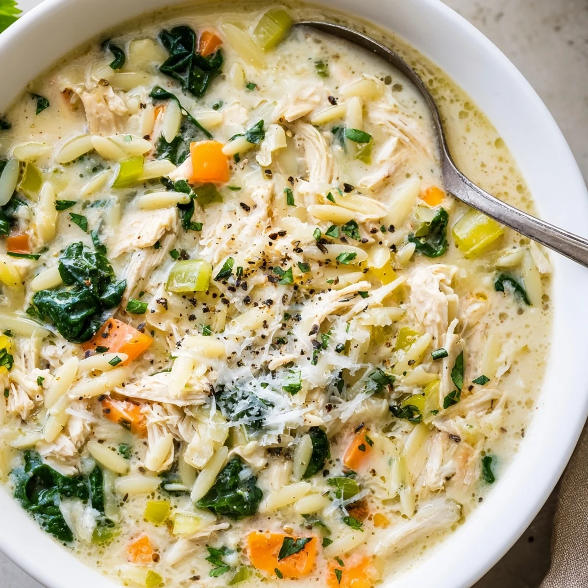 Creamy Chicken Florentine Soup With Orzo served piping hot with wilted spinach and Parmesan