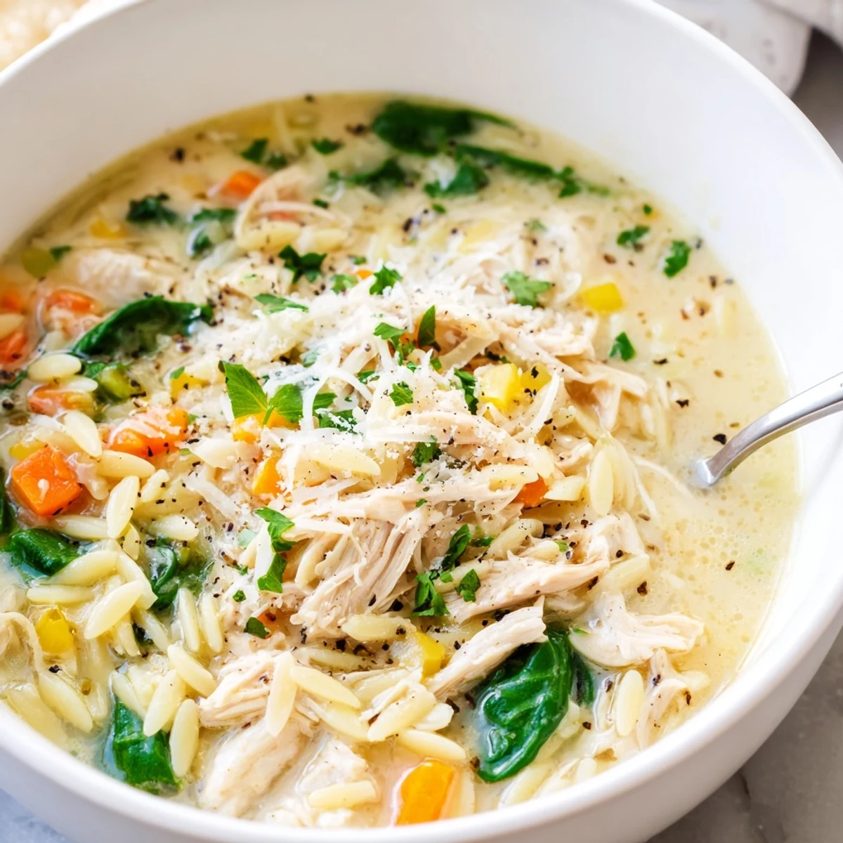 Ladled into bowls with Parmesan and parsley, Creamy Chicken Florentine Soup With Orzo awaits