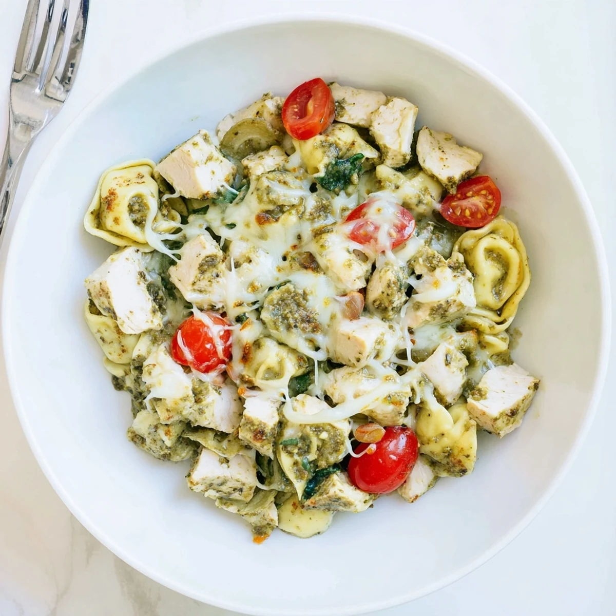 A steaming Slow Cooker Tortellini Casserole With Cheesy Chicken Pesto, spinach and tomatoes