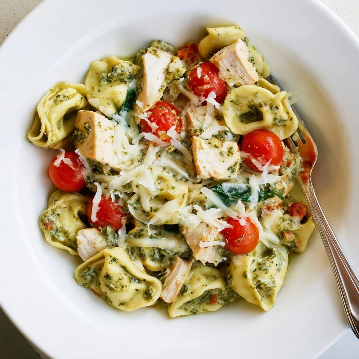 Hearty Slow Cooker Tortellini Casserole With Cheesy Chicken Pesto, golden cheese topping