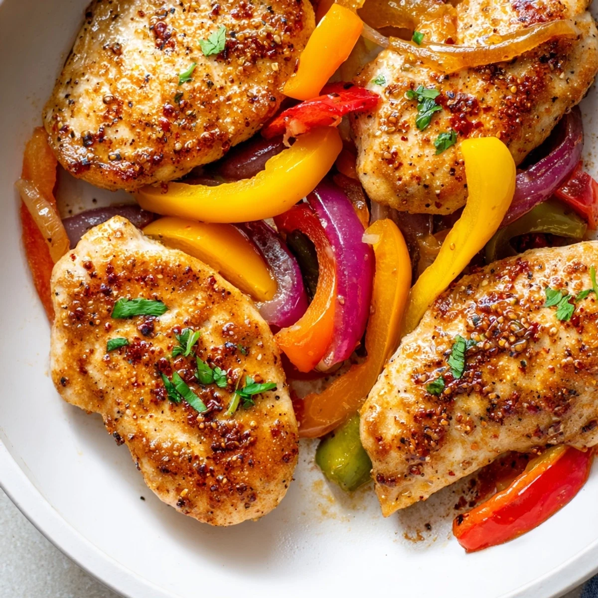 One Pan Chicken And Peppers sizzling with caramelized peppers, served over rice