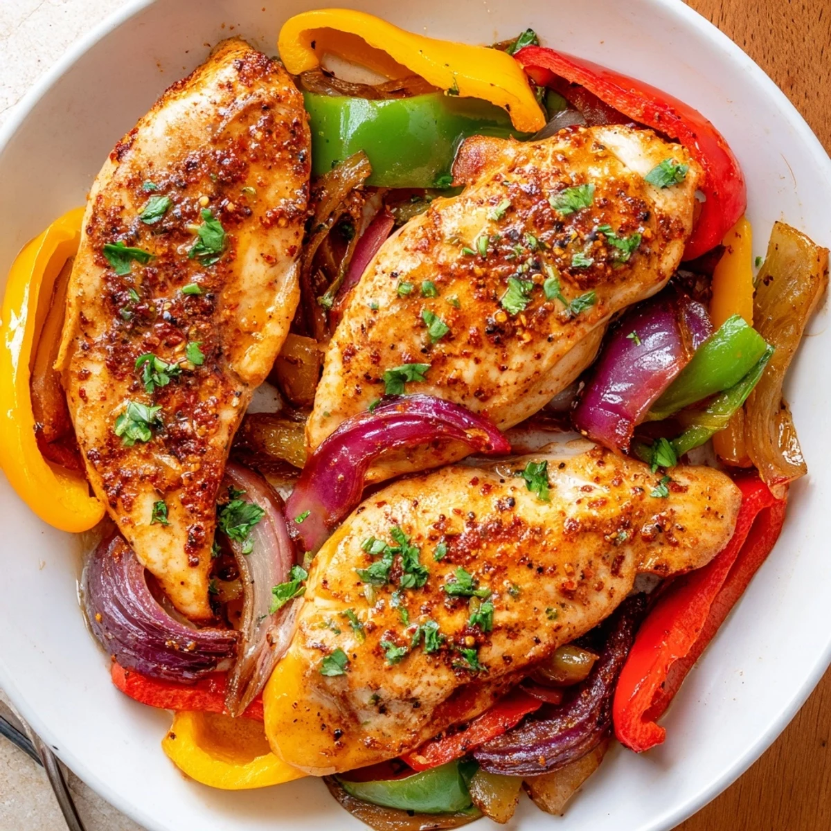 Family-style One Pan Chicken And Peppers served hot, juicy chicken and tender peppers