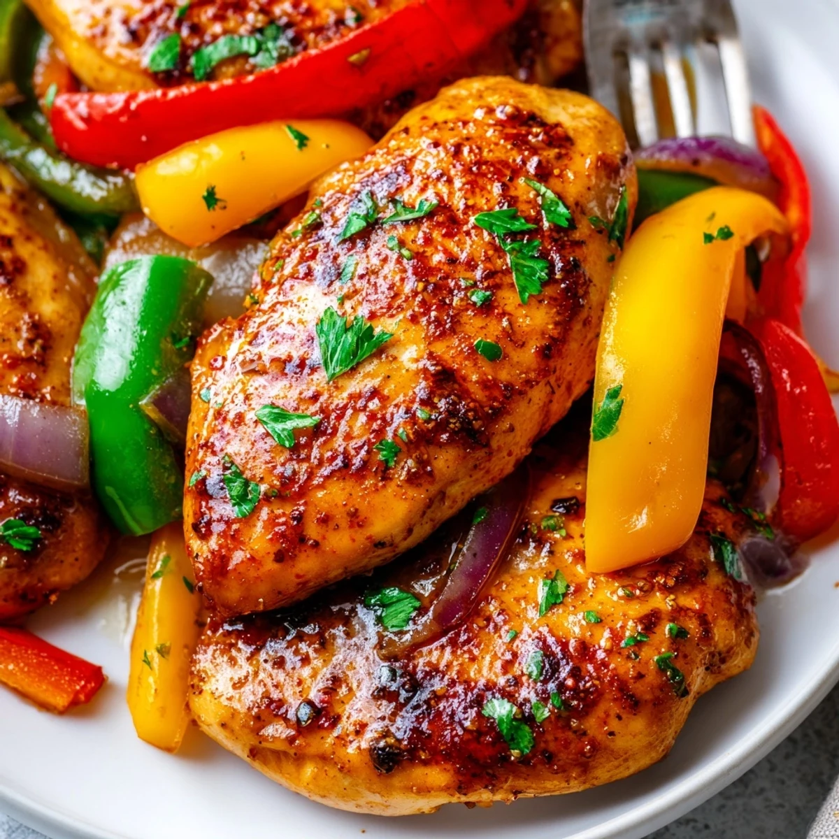 Roasted One Pan Chicken And Peppers with garlic aroma, crusty bread for dipping