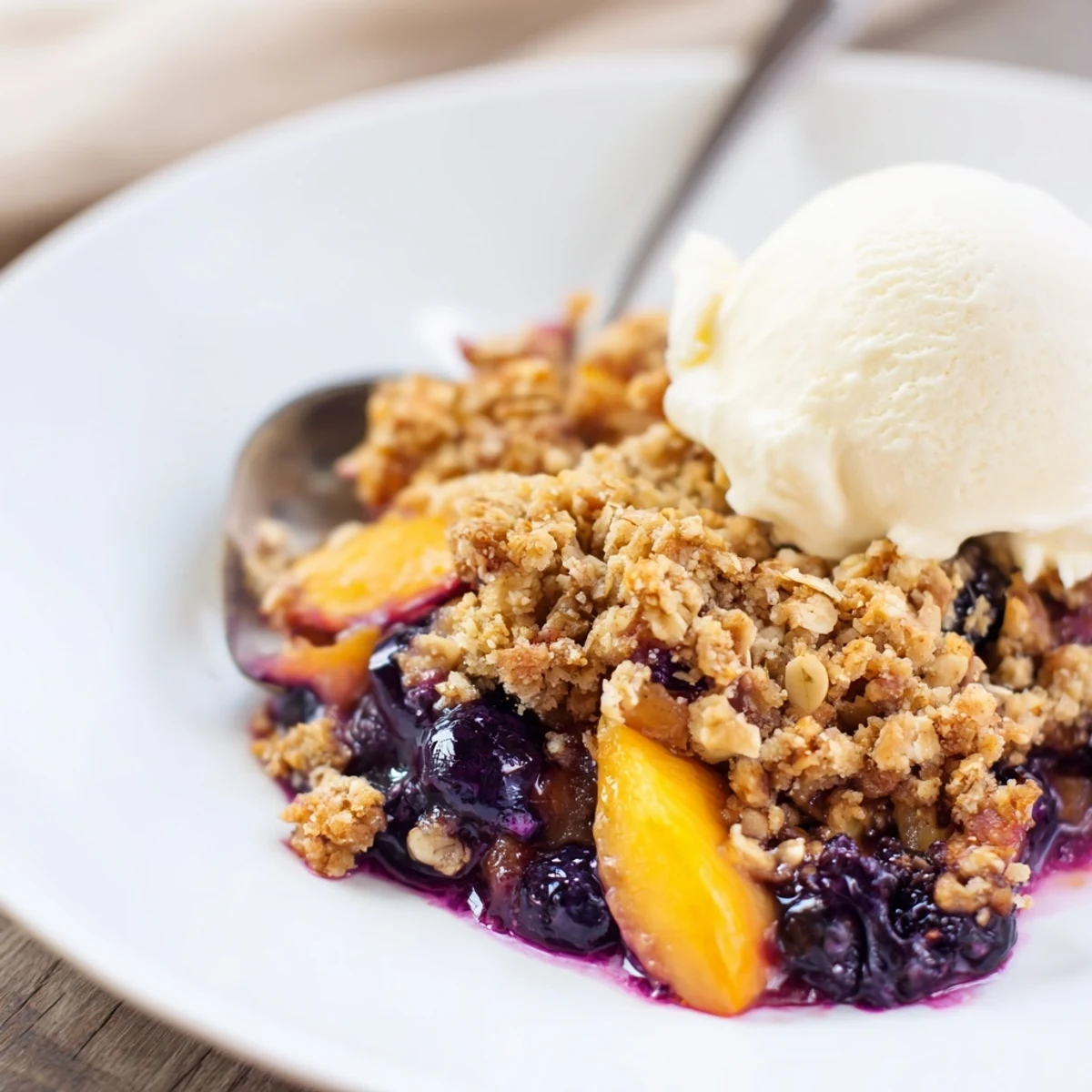 Warm Blueberry Peach Crumble bubbling in a dish, golden oat topping steaming