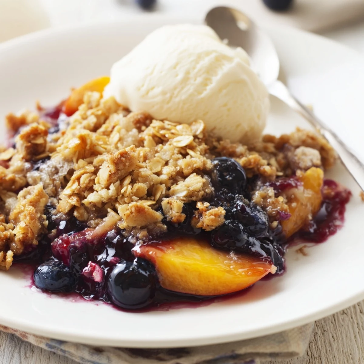 Slice of Blueberry Peach Crumble served warm with melting vanilla ice cream