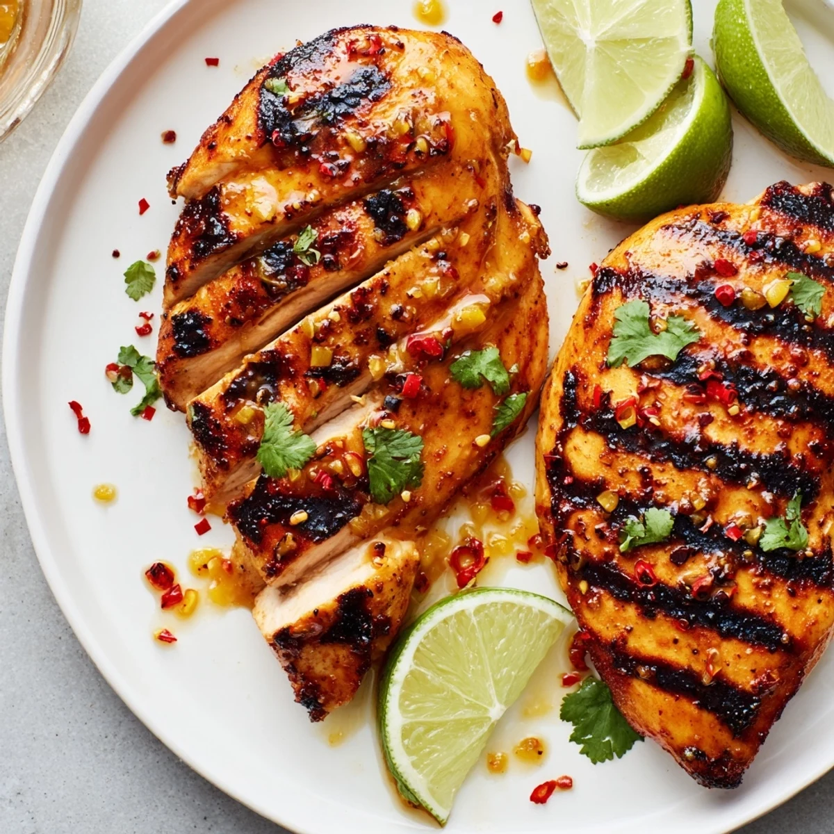 Smoky, tangy Key West Grilled Chicken With Tropical Citrus Marinade served with lime
