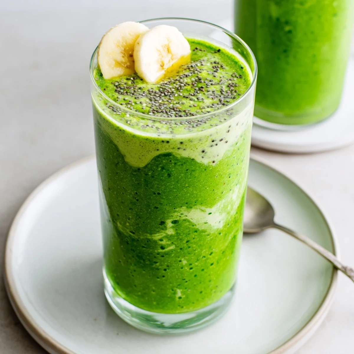 Creamy Matcha Smoothie in tall glass, vibrant green, banana and almond aroma