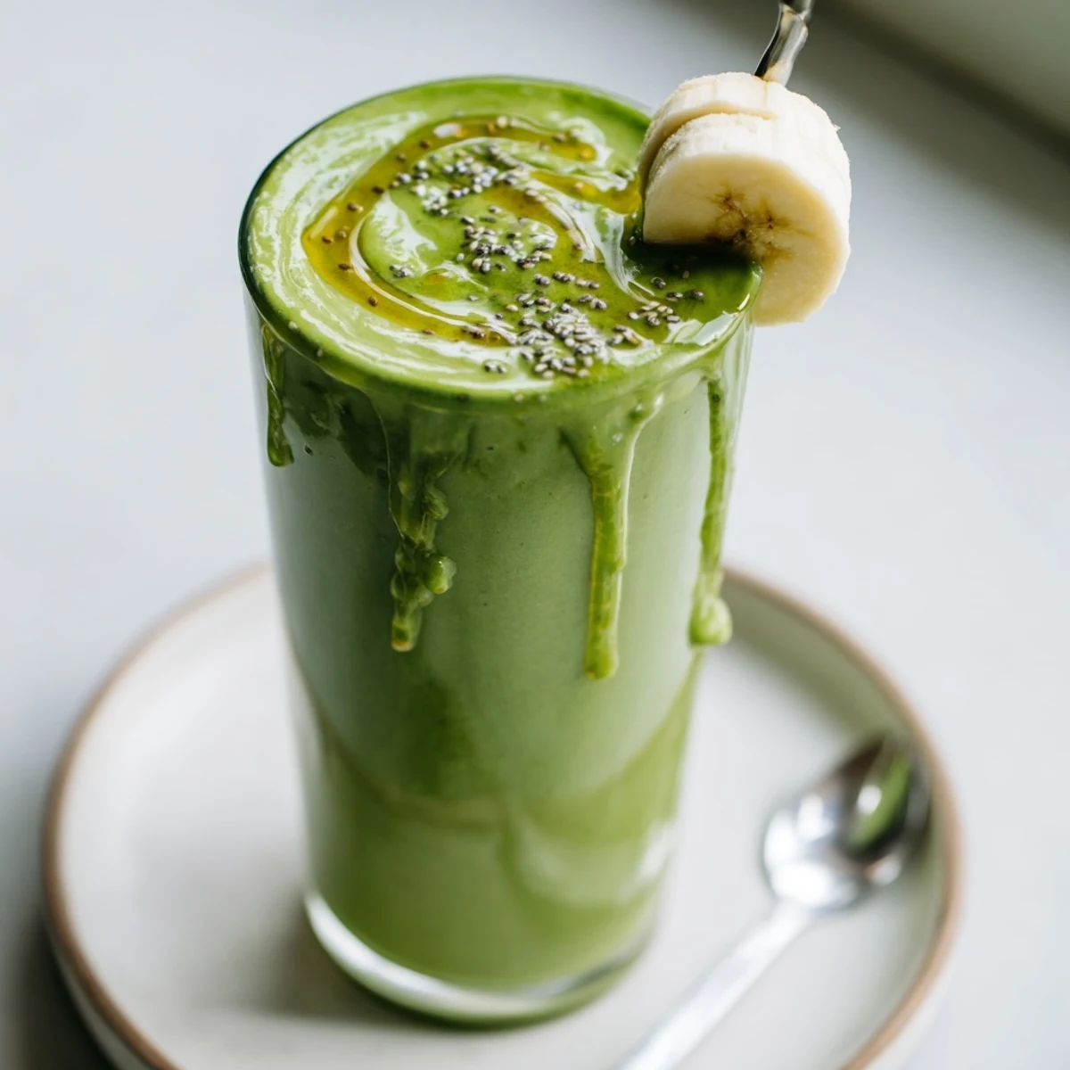 Chilled Matcha Smoothie beside breakfast bowl, frothy texture and maple sweetness