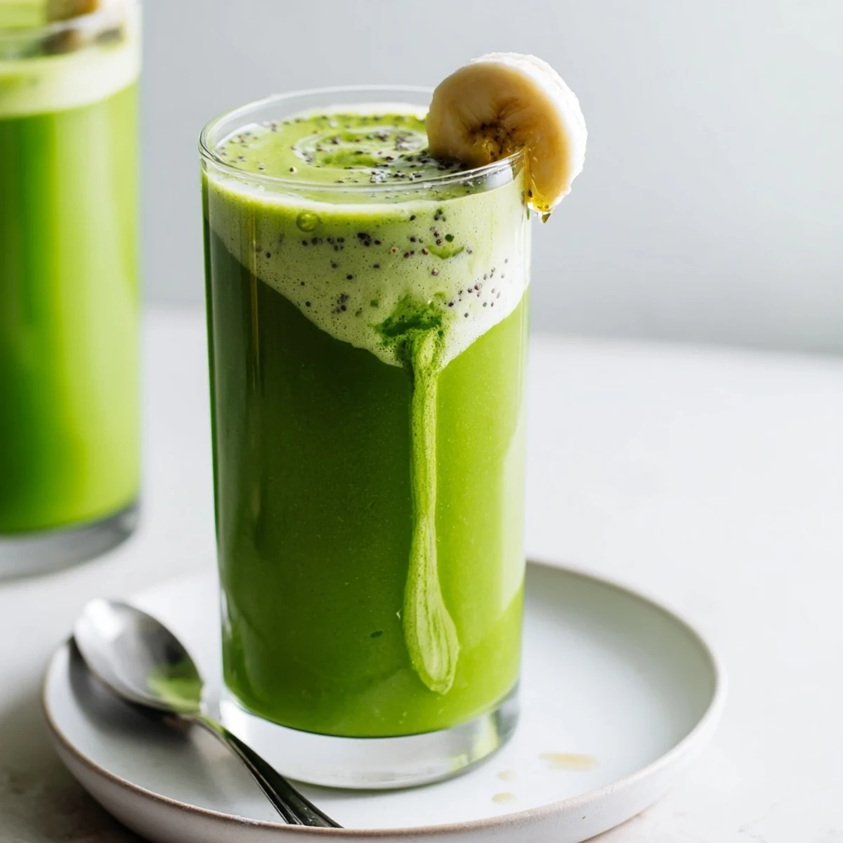 Icy Matcha Smoothie poured into two glasses, creamy banana flavor