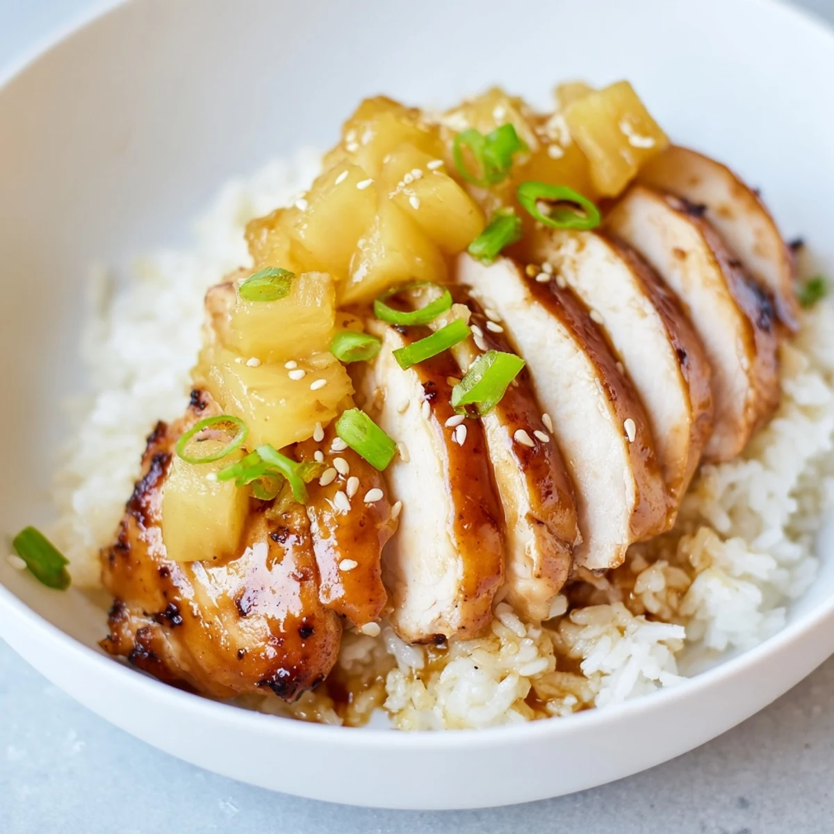 Hawaiian Chicken With Coconut Rice plated, glossy pineapple glaze and fragrant coconut rice