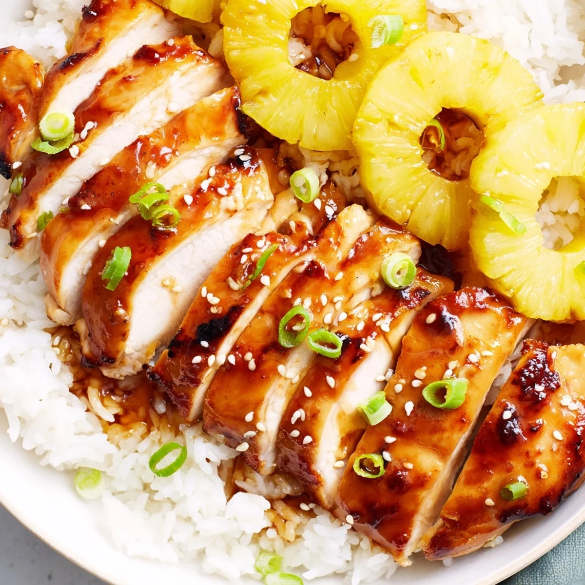 Skillet-seared Hawaiian Chicken With Coconut Rice, juicy slices atop sticky coconut-scented grains