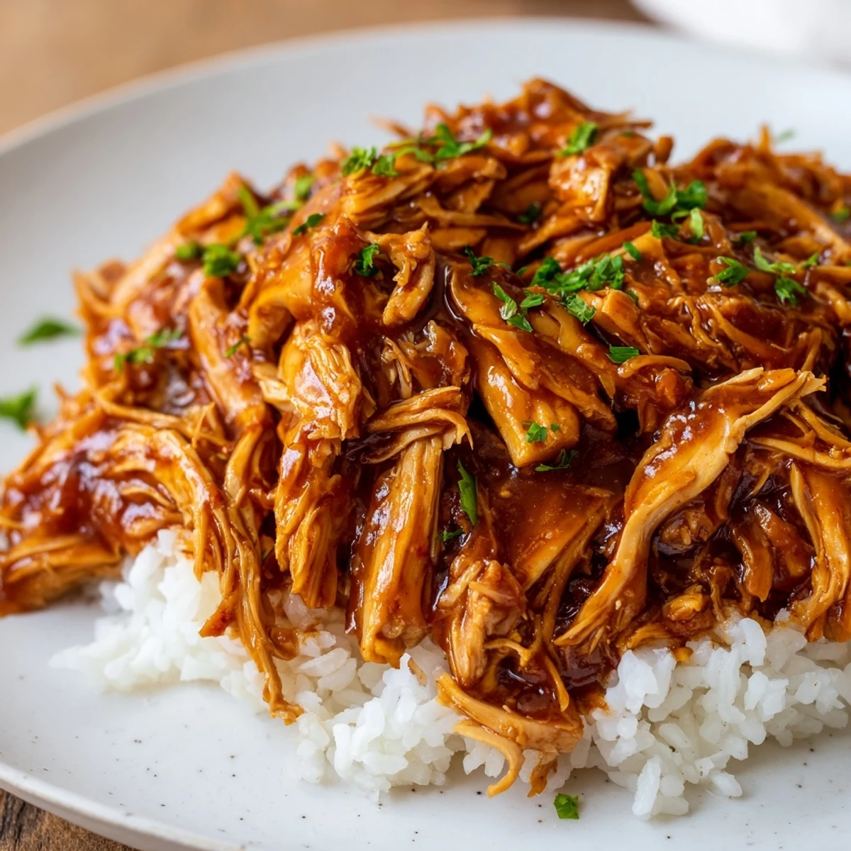 Crockpot Honey Garlic Chicken simmering in glossy amber sauce over fluffy rice
