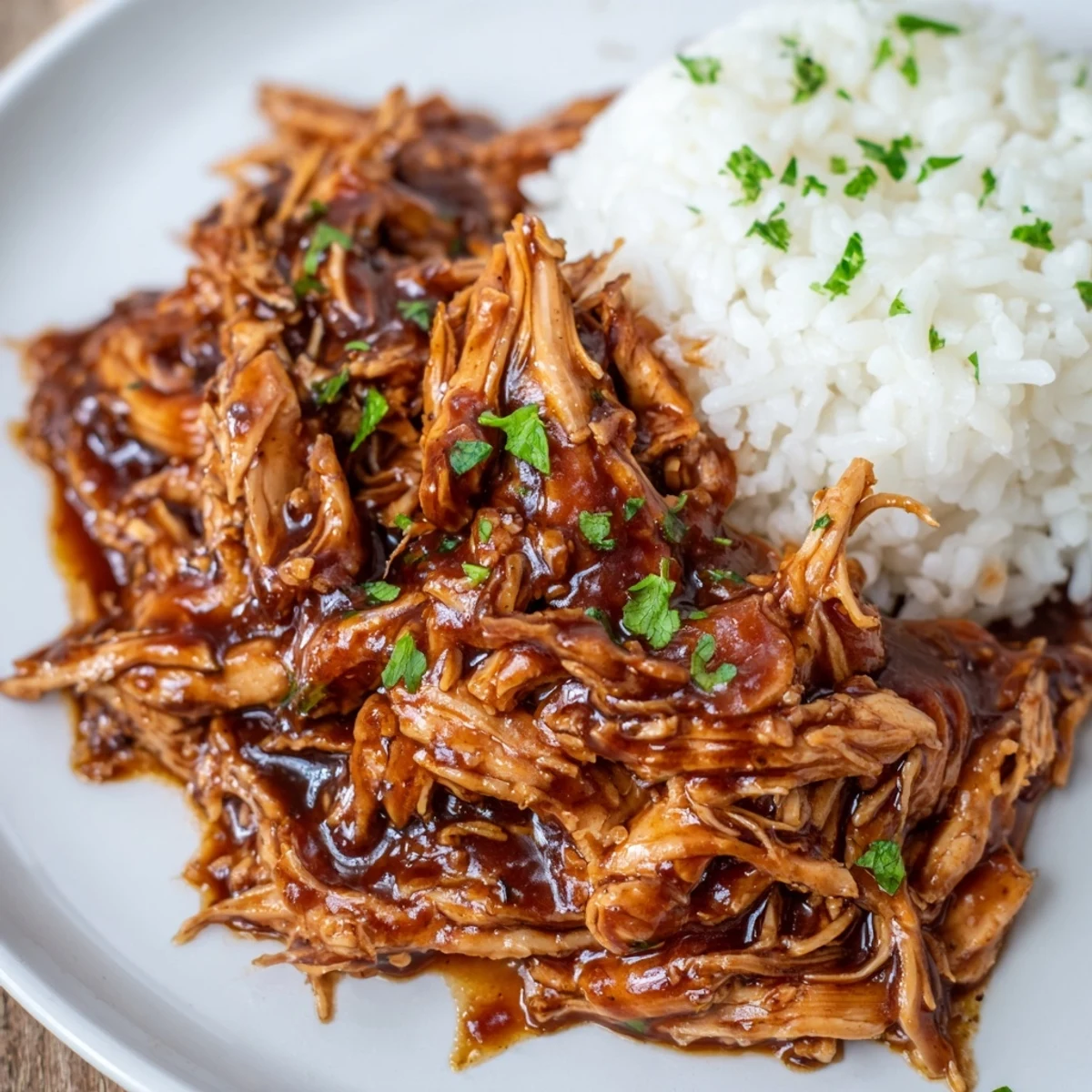 Shredded Crockpot Honey Garlic Chicken topped with sticky sweet sauce and green onions