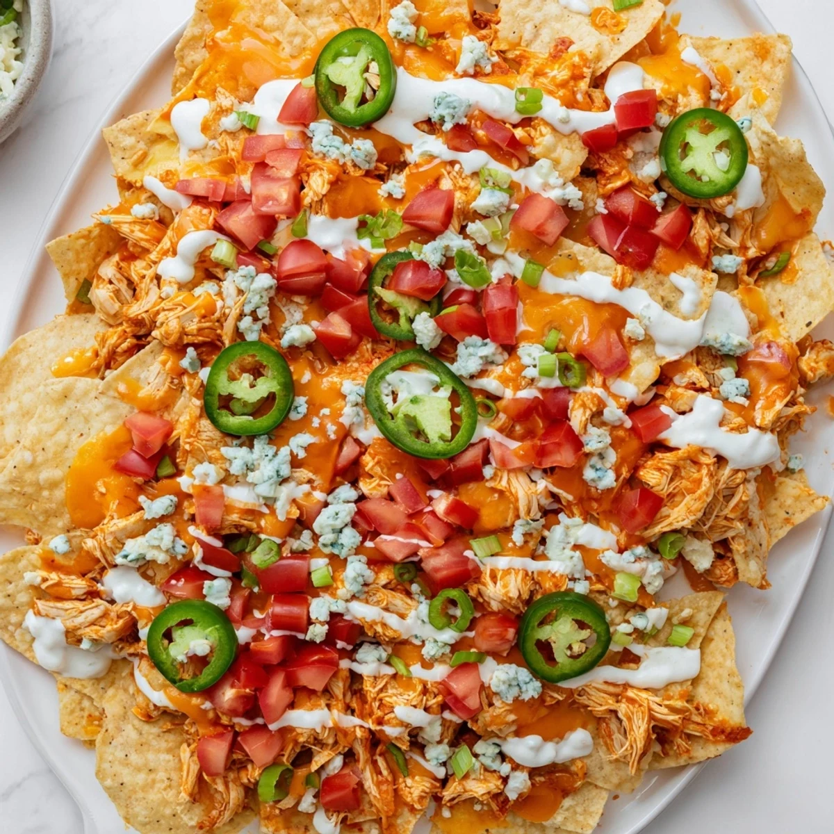 Crispy Buffalo Chicken Nachos topped with jalapeños, tomatoes, and blue cheese