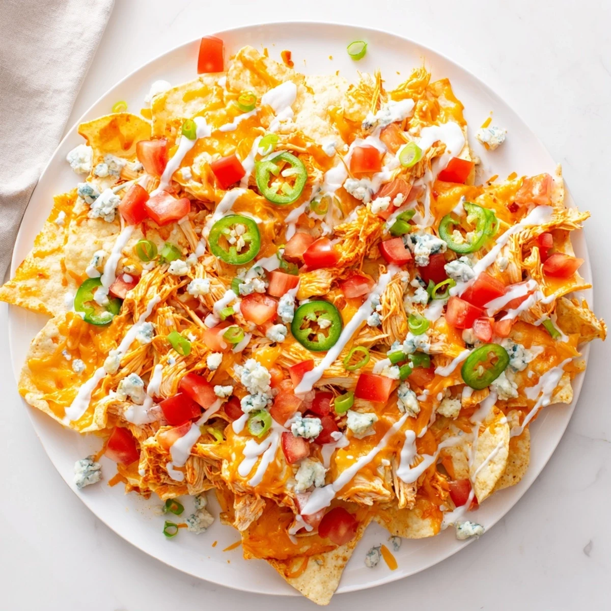 Buffalo Chicken Nachos piled hot, melted cheese bubbling, ranch drizzle