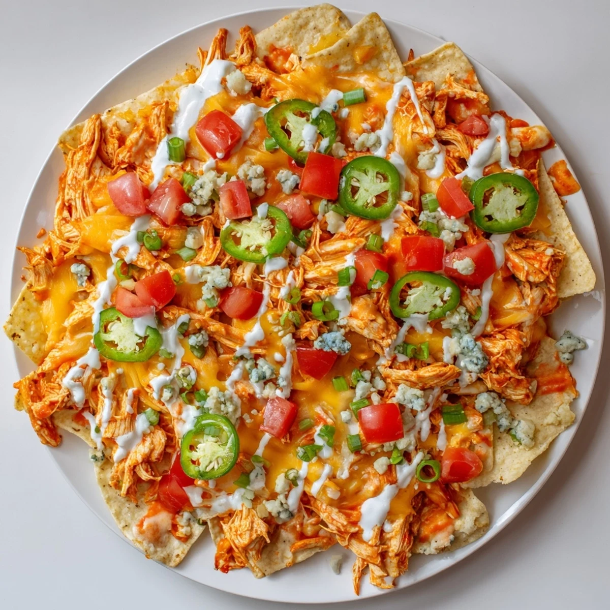 Oven-baked Buffalo Chicken Nachos with shredded spicy chicken, cheddar, green onions