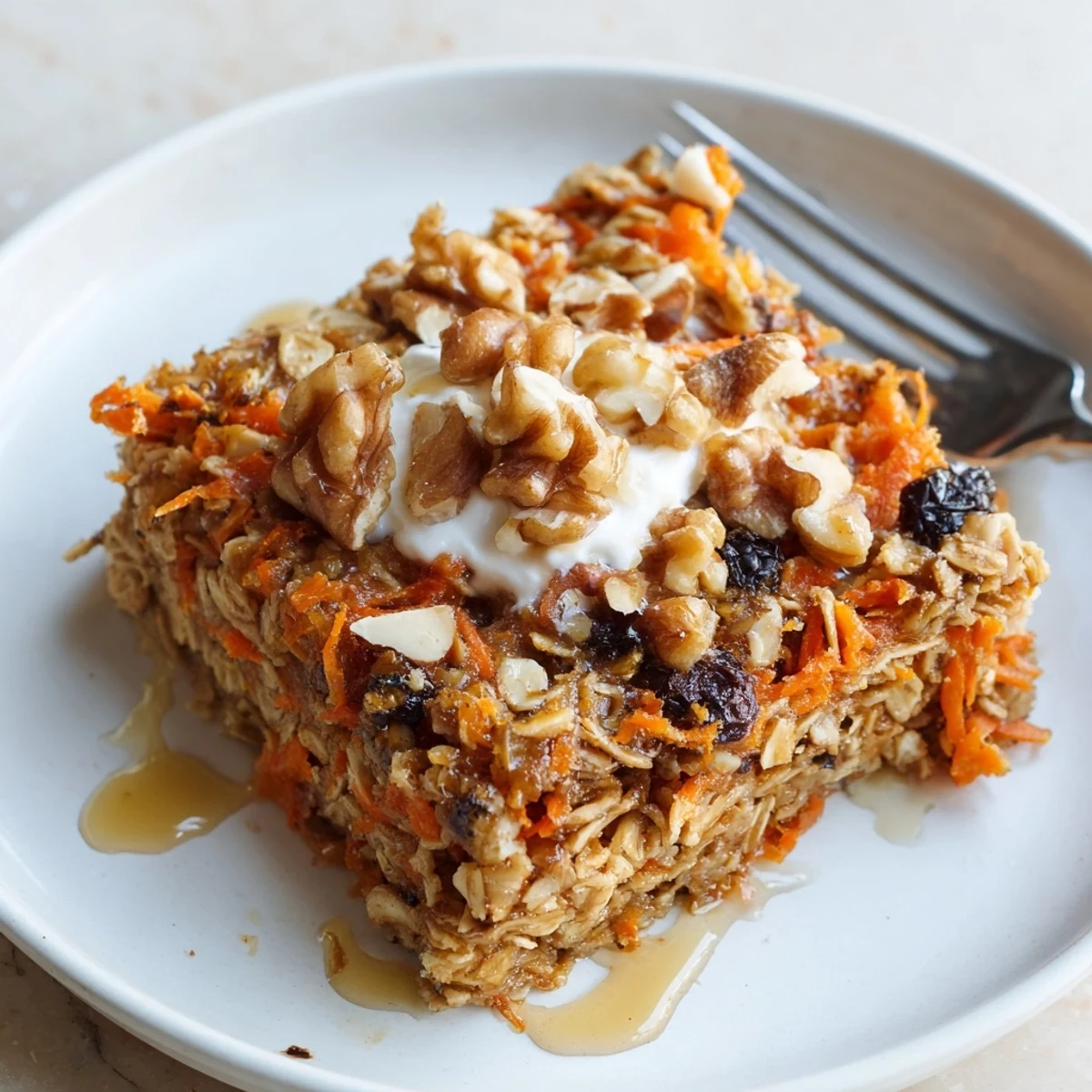 Slice of Carrot Cake Baked Oatmeal served warm with creamy yogurt