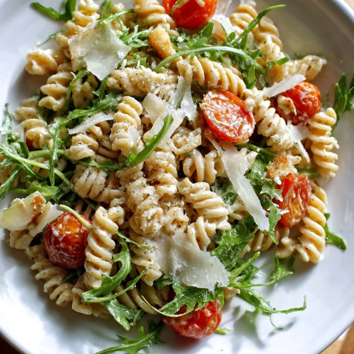 A tossed Arugula Pasta Caesar Salad studded with cherry tomatoes and crunchy croutons
