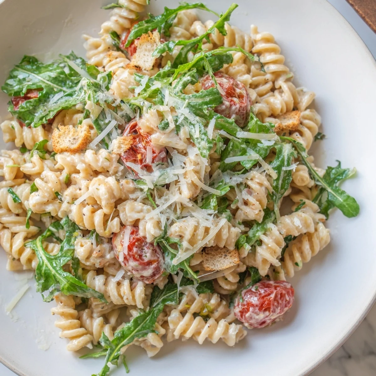 Arugula Pasta Caesar Salad with shaved Parmesan and bright lemony dressing, plated