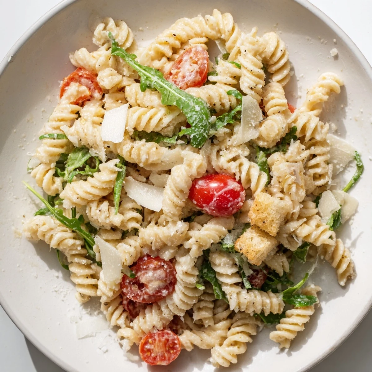 Creamy Arugula Pasta Caesar Salad tossed warm, garnished with extra Parmesan shavings