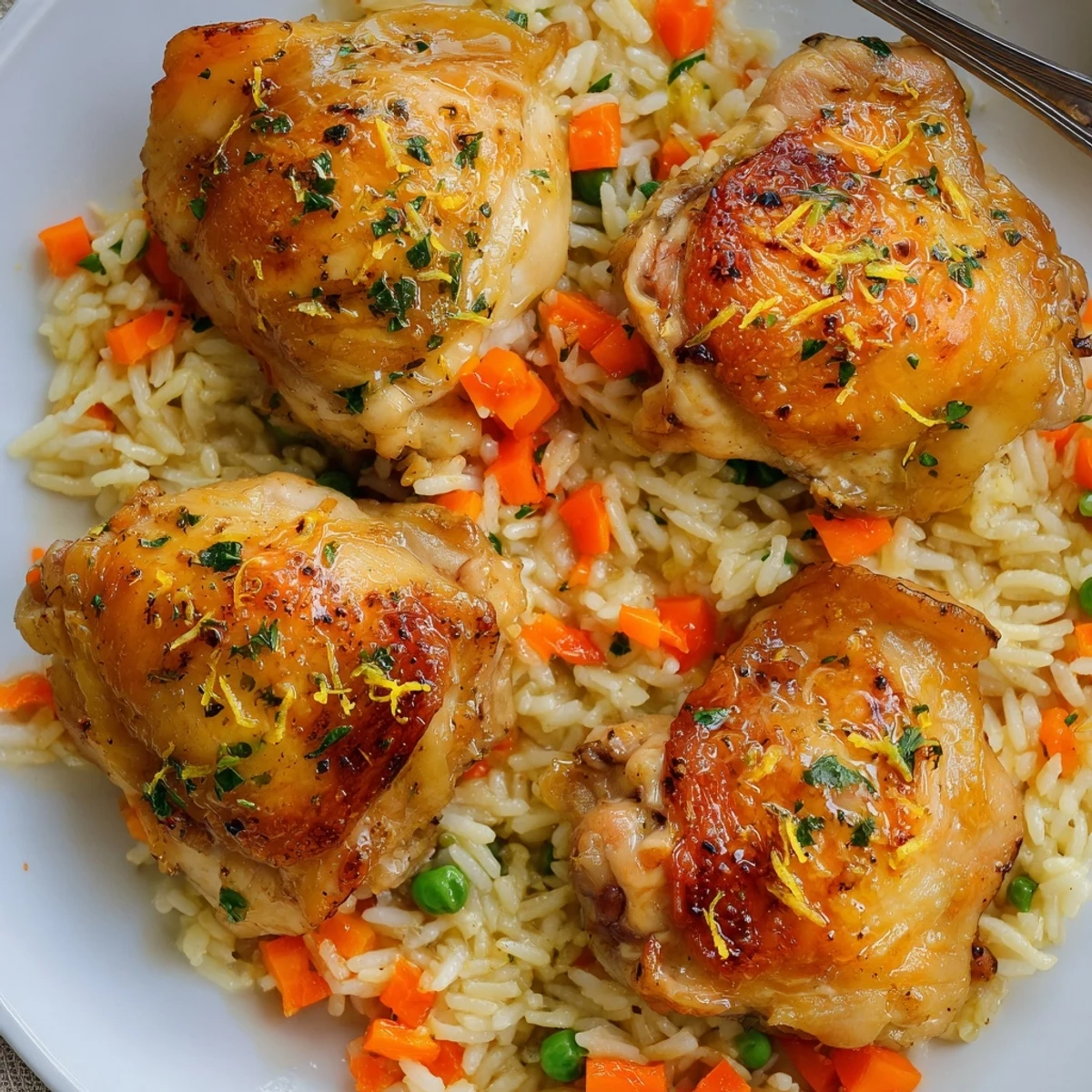 Rich, savory juices bathing Slow Cooker Lemon Herb Chicken And Rice, garnished with parsley