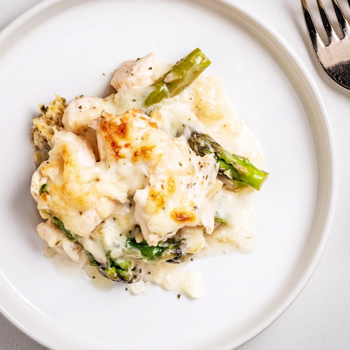 Golden, bubbling Creamy Chicken Asparagus Bake with melted cheese and parsley