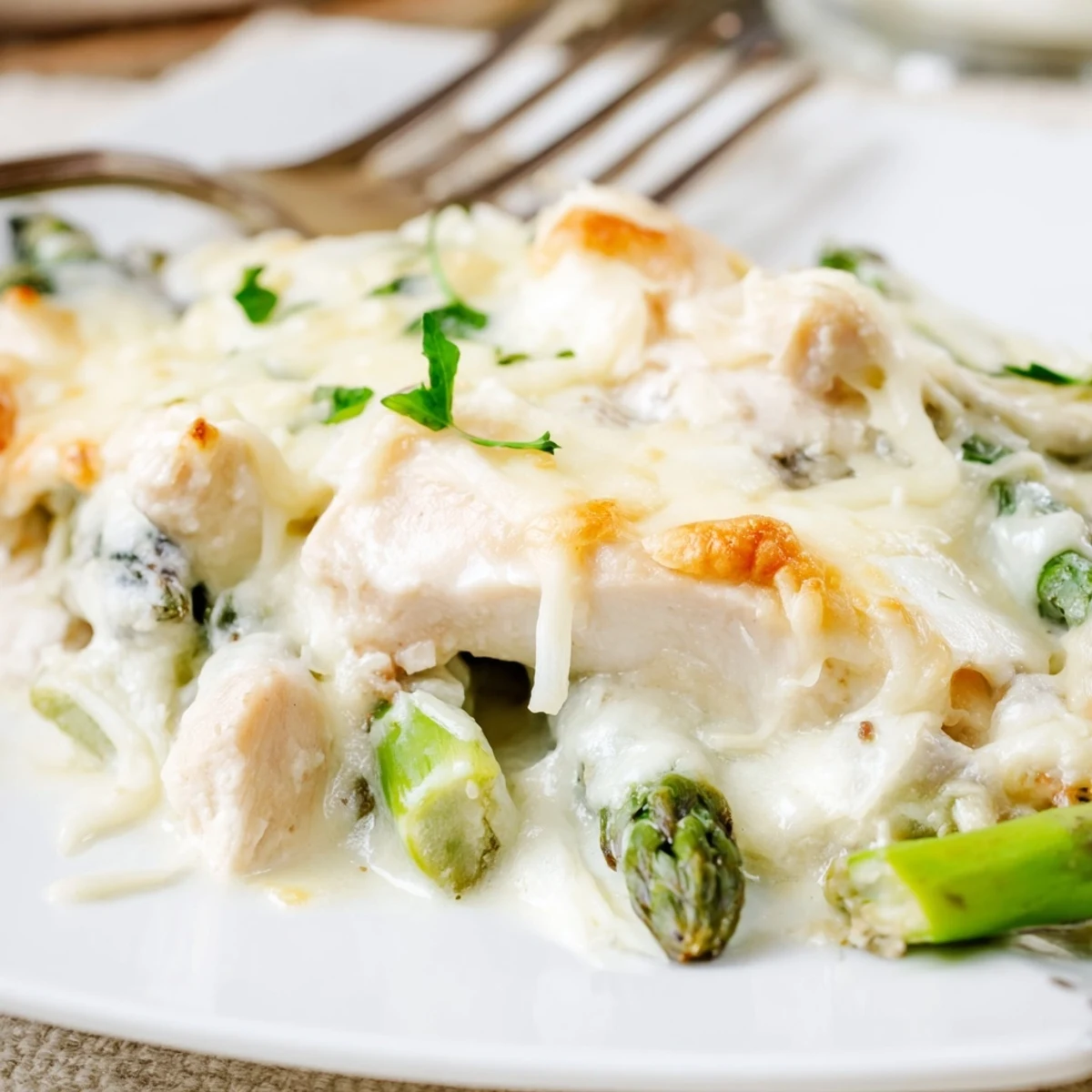Oven-browned Creamy Chicken Asparagus Bake bubbling in dish, tender bites