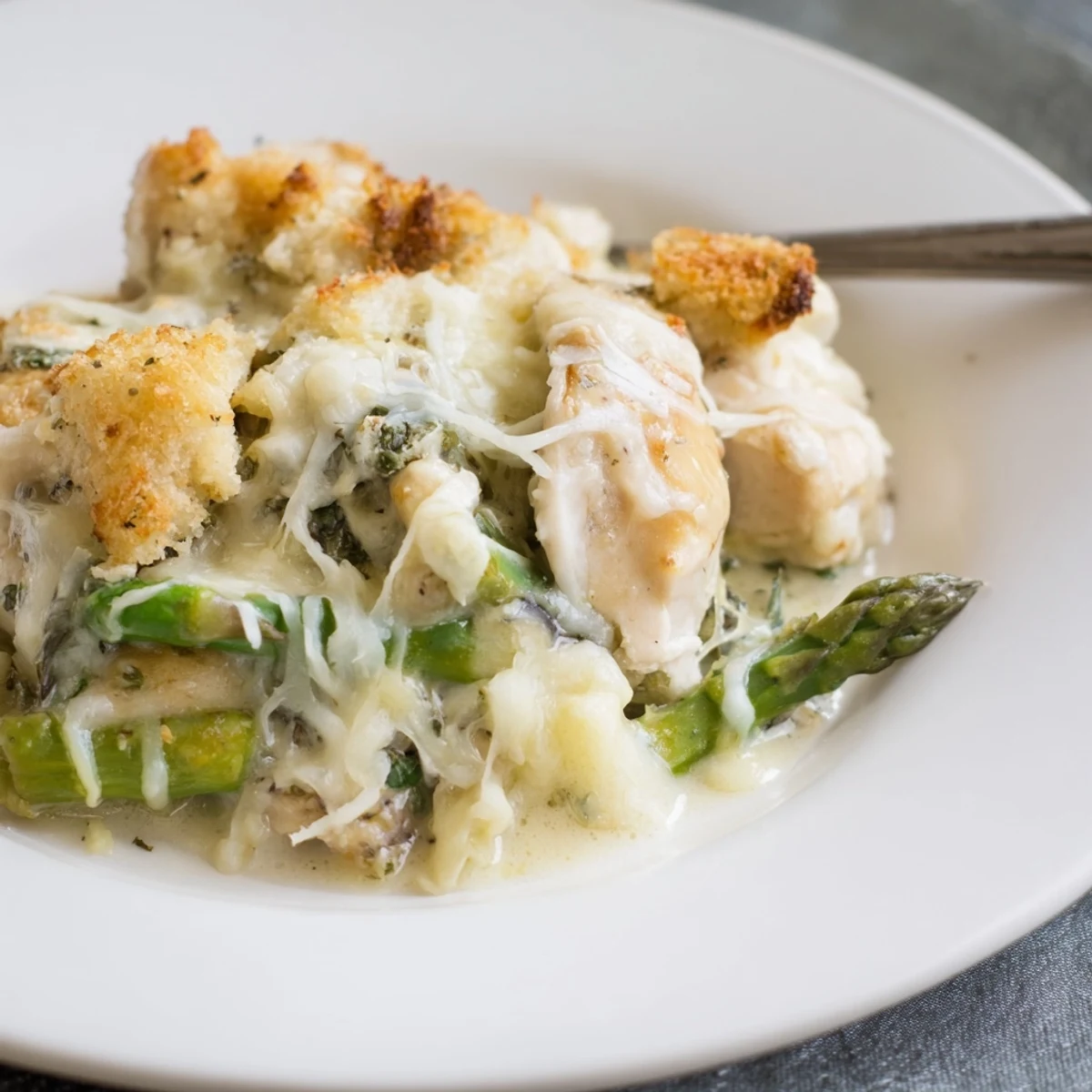 Creamy Chicken Asparagus Bake served hot with a crisp green salad