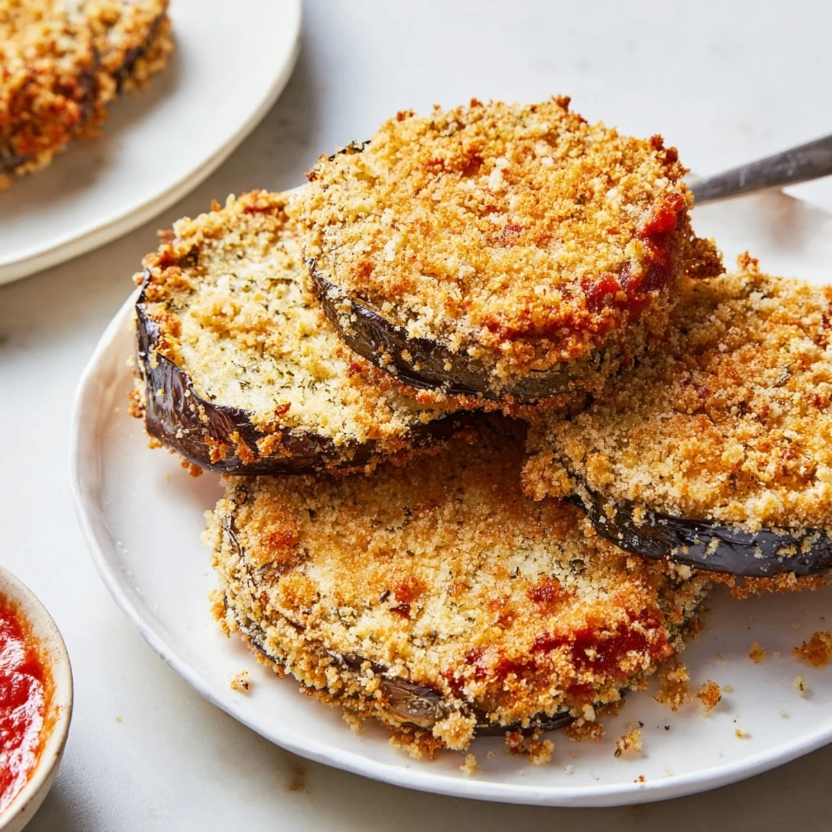 Crispy Baked Eggplant piled on plate, golden edges and crunchy crumbs