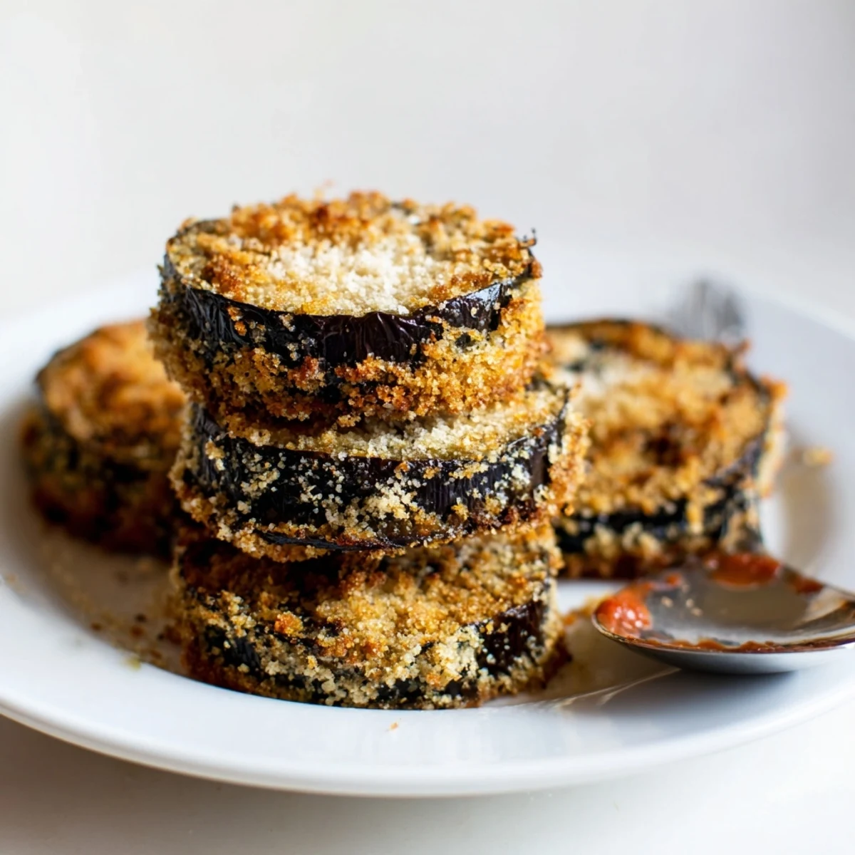 Slices of Crispy Baked Eggplant stacked beside lemon wedges and herbs