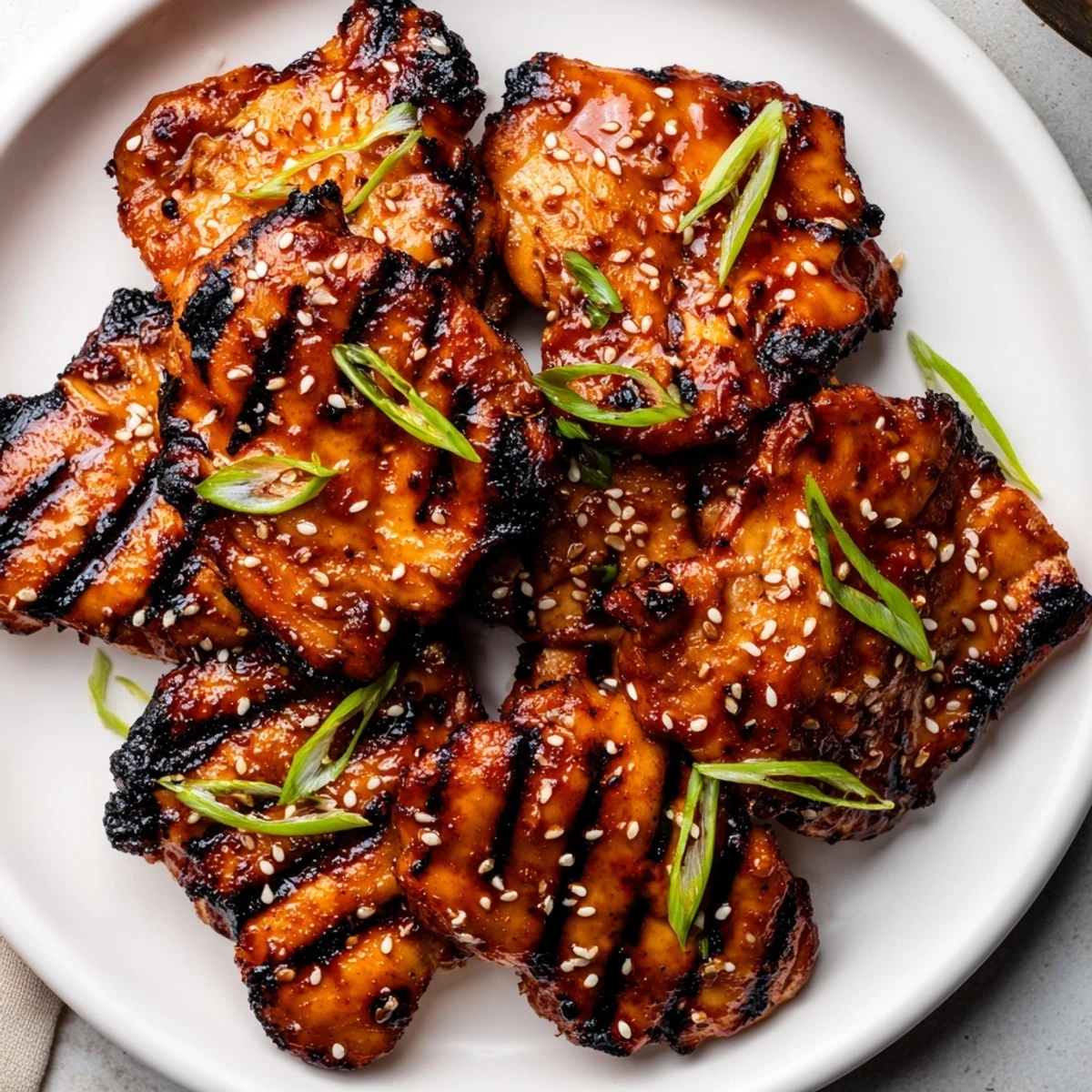 Juicy Korean Chicken Thighs glistening with caramelized glaze, garnished with green onions
