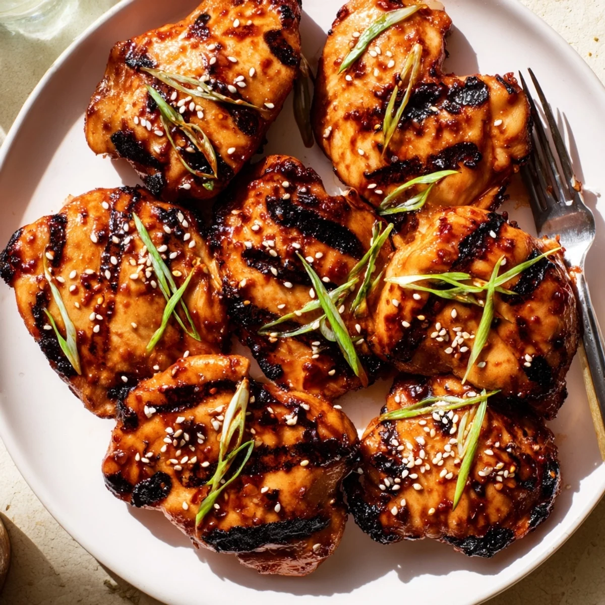 Grilled Juicy Korean Chicken Thighs steaming on platter, sesame seeds sprinkled