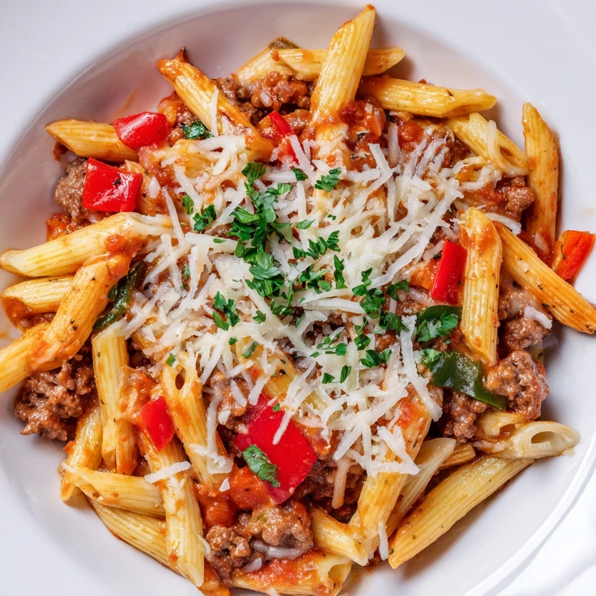 Comforting cheesy stuffed pepper skillet pasta featuring colorful bell peppers and ground beef in tomato broth