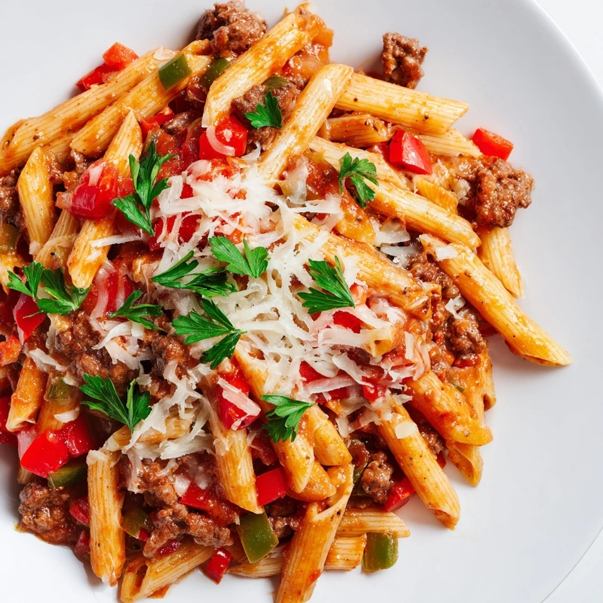 One-pan cheesy stuffed pepper skillet pasta bubbling with melted mozzarella and Parmesan over tender penne